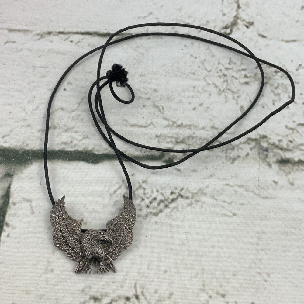 Silver Toned Eagle Slide Pendant On Black Cord Necklace